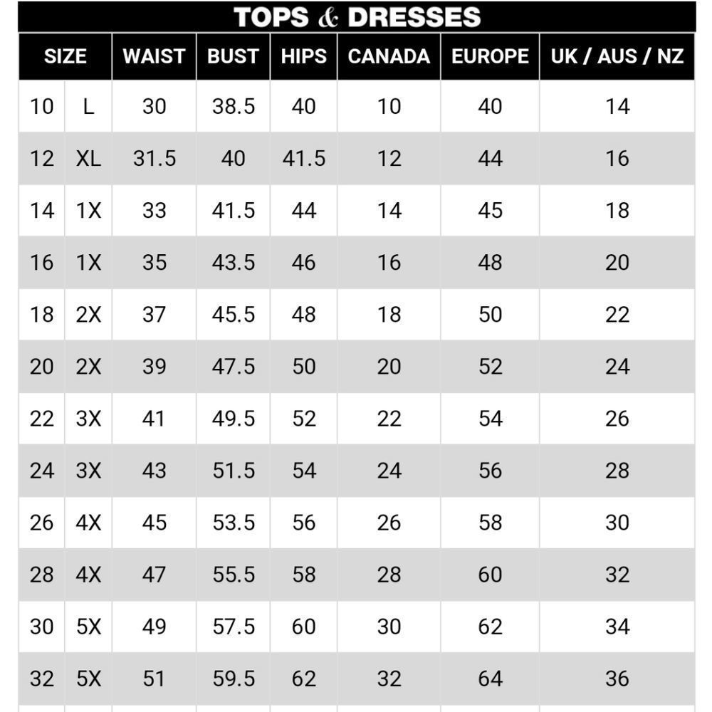 Tops and dress measurements